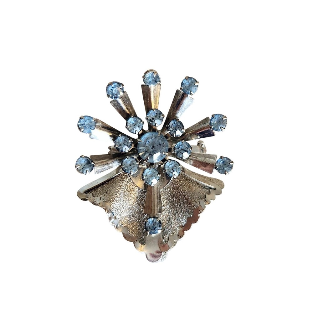 Vtg Light Blue Rhinestone SilverTone Brooch Pin Rivet Set MidCentury Mod Ruffle